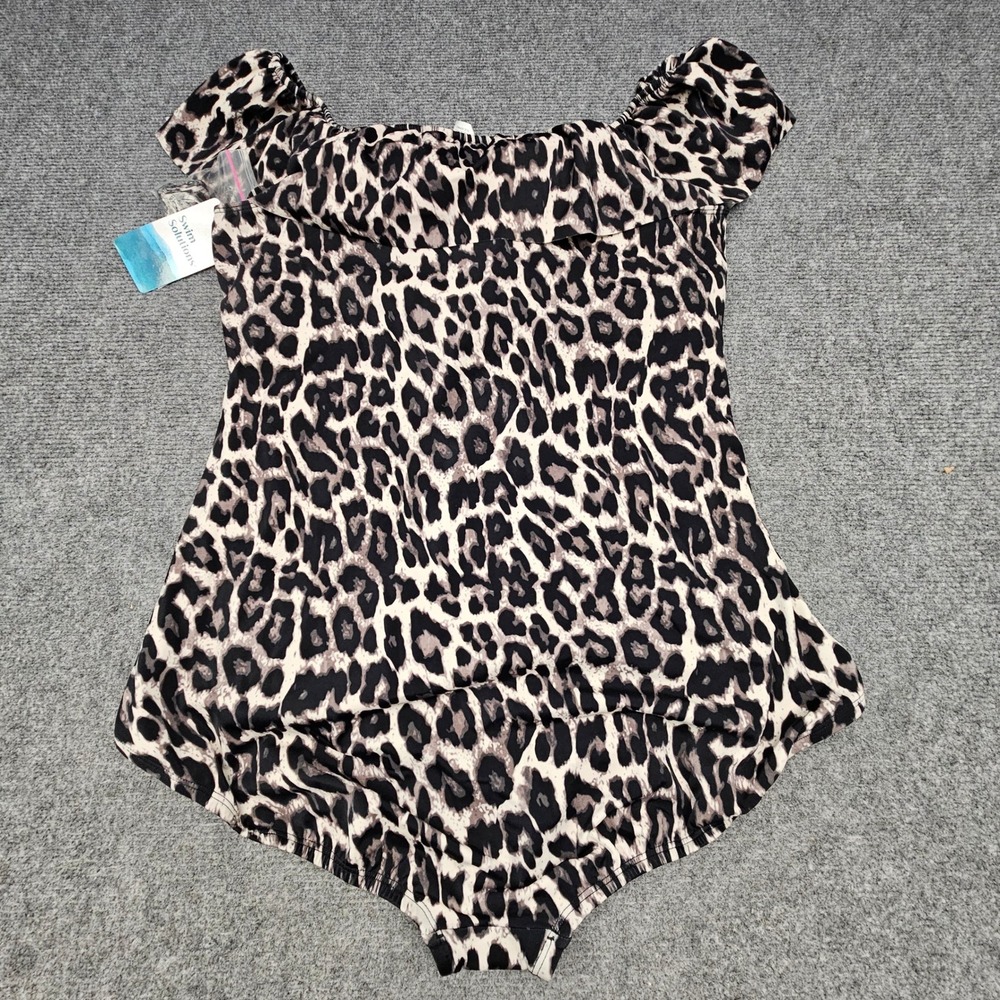 Swim Solutions Swimsuit Women 20W Black Multi Leopard Off Shoulder Tummy Control - Picture 4 of 11